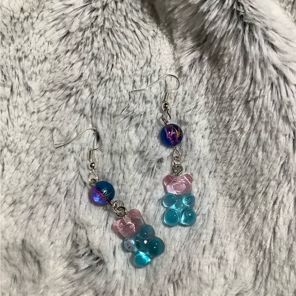 Two tone pink and blue hand crafted gummy bear earrings